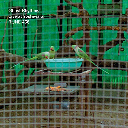 "Album cover featuring two green birds in a cage with a bowl."