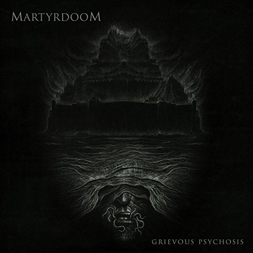 Dark album cover with castle and tentacles reflecting in the water.