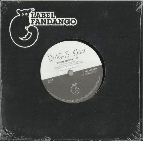 Black vinyl record sleeve with white label, featuring handwritten title "Dingus Khan" and "Label Fandango" logo.