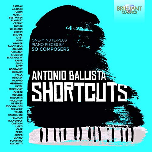 "CD cover with piano keys and composer names on turquoise background."