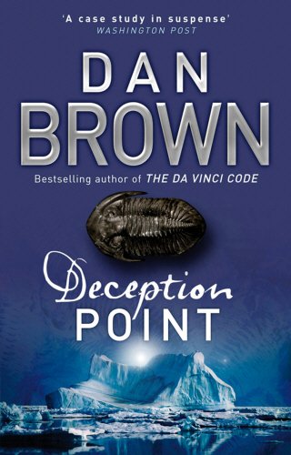 "Book cover with 'Deception Point' title, author's name, meteorite, and icy landscape on blue background."