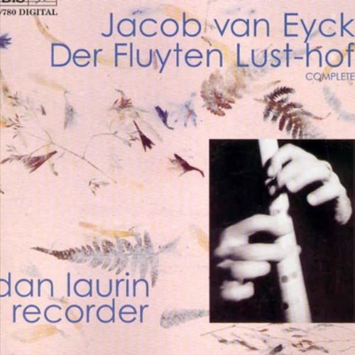 CD cover with a person playing a recorder, surrounded by leaves on a pink background.