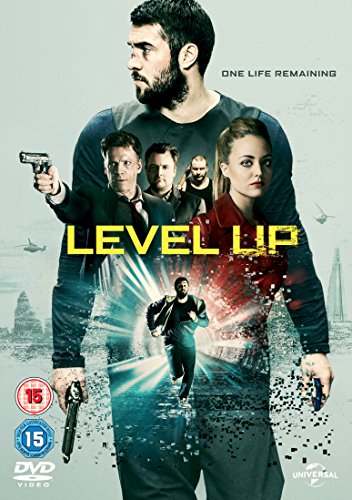"DVD cover for 'Level Up' featuring a man holding guns with futuristic elements."