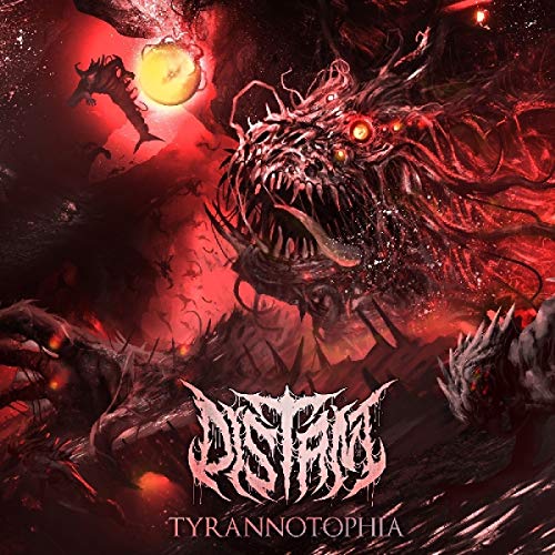 "Album cover art featuring a monstrous creature with sharp teeth and glowing red eyes."