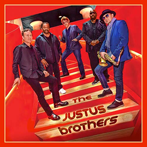 "CD cover featuring five men on red staircase, one holding a saxophone."