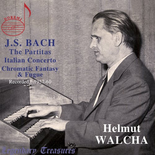 A black and white CD cover featuring a man playing a harpsichord.