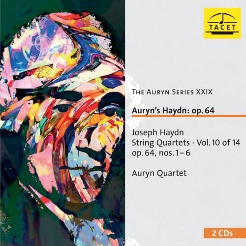 Album cover with abstract portrait and text describing "Auryn's Haydn: op. 64" music release.