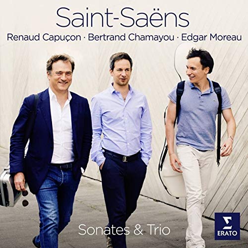 "CD cover featuring three men walking, carrying cello cases, with Saint-Saëns title."