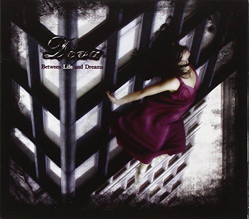 "CD cover featuring a woman in a purple dress falling between windows."