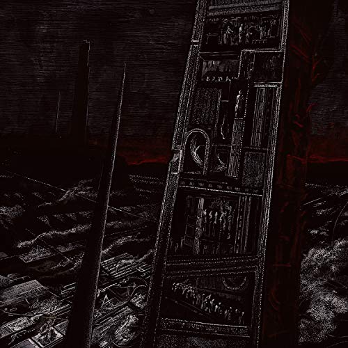 Dark, detailed illustration of a ladder-like structure with figures in a dark, abstract environment.