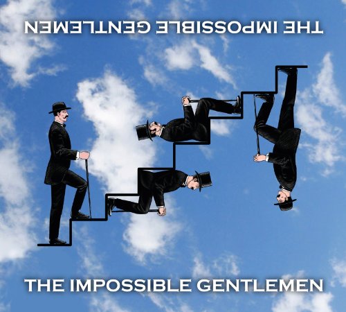 Album cover: four men in suits on a staircase against a blue sky.