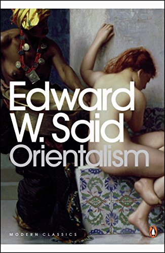 Book cover of "Orientalism" by Edward W. Said, featuring a green-skinned woman with colorful headscarf.