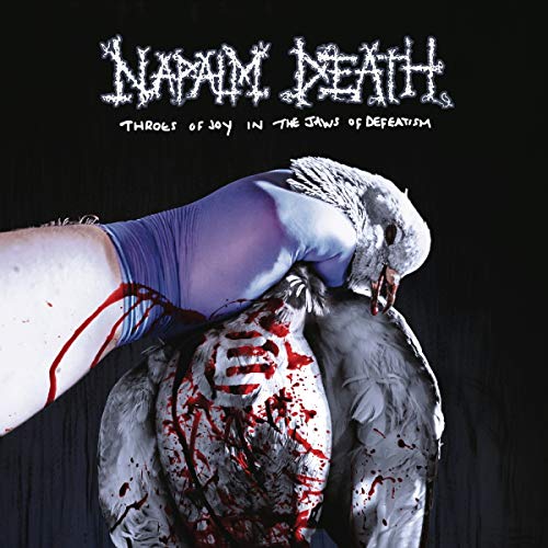 "Album cover with a bloody hand holding a skull against a dark background."