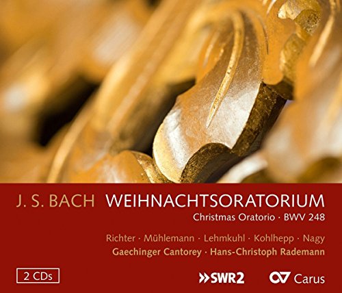 Red CD cover with golden ornaments and white text, featuring J.S. Bach's "Weihnachtsoratorium".