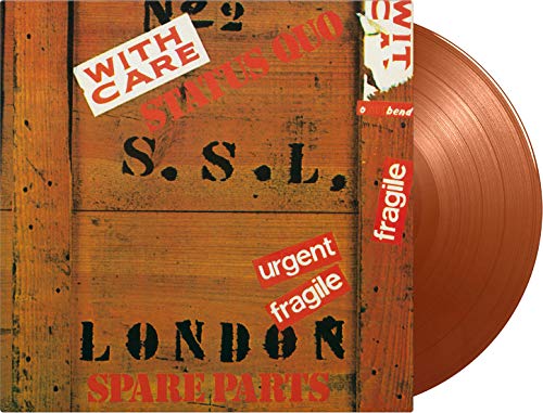 Copper vinyl record with a wooden crate sleeve, marked "fragile" and "London Spare Parts".