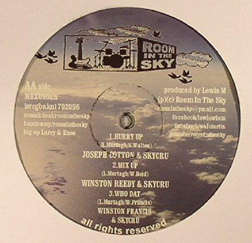 Vinyl record with cloudy sky design and track listing on a beige background.