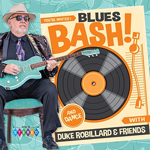 Album cover with man playing guitar, vinyl record, and 'Blues Bash' text.