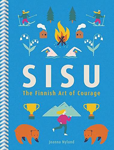 "Blue book cover with 'SISU' title, winter scenes, and trophies, by Joanna Nylund."