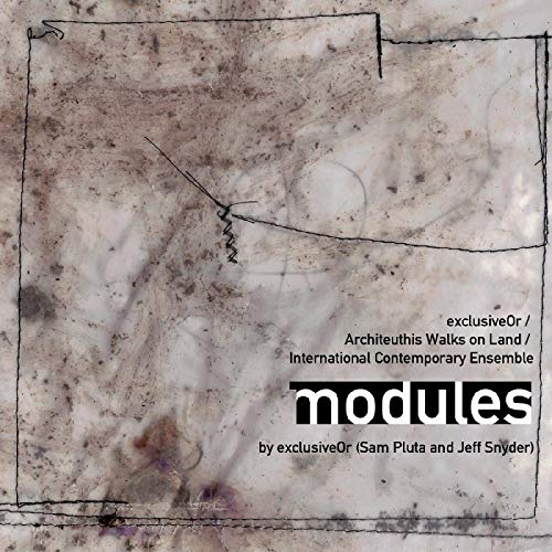 "Album cover with 'modules' text on a marbled, gray background with black lines."