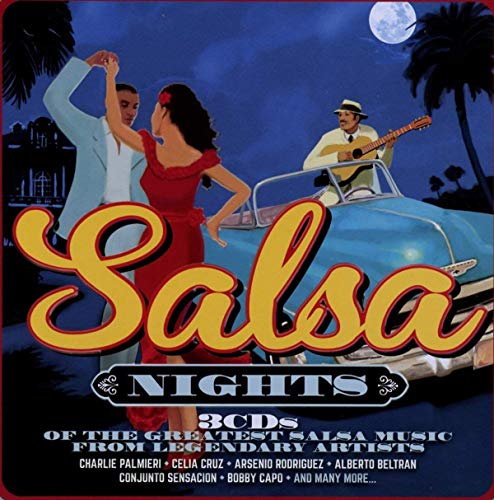 "Salsa Nights" CD cover featuring dancing couple and guitarist by a vintage car.