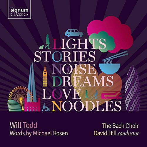 "Album cover with colorful text and illustrations on a purple background."