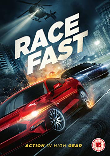 DVD cover for "Race Fast" featuring a red sports car racing with a helicopter above.