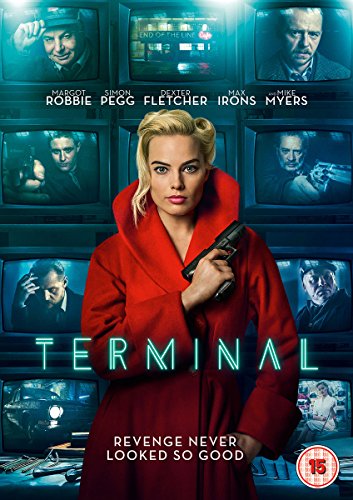 "Blonde woman in red coat holding a gun, surrounded by security monitors."