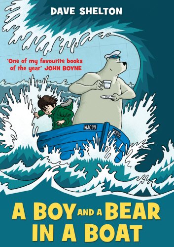 "Book cover featuring a cartoon boy and bear in a blue boat amidst turbulent waves."