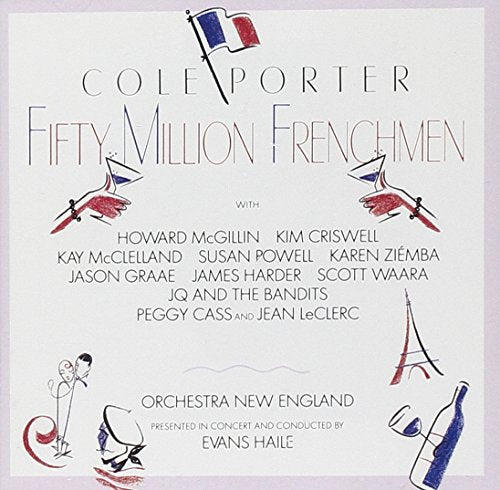 The image is an album cover for "Fifty Million Frenchmen" by Cole Porter, featuring a stylized design with a French theme. **Main Elements:** * The title "Fifty Million Frenchmen" is prominently displayed in large, thin red text at the top center of the image. * The artist's name, "Cole Porter", is written in black text above the title, with a small French flag icon between the two names. * A list of featured performers is listed below