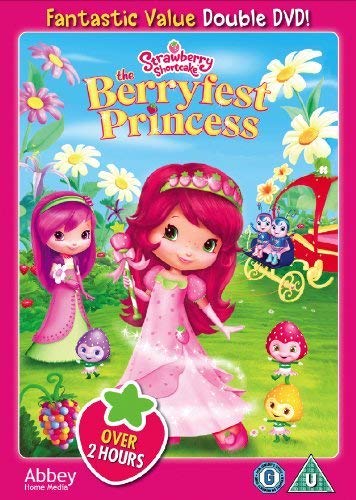"DVD cover featuring Strawberry Shortcake and friends in a floral setting, pink border."