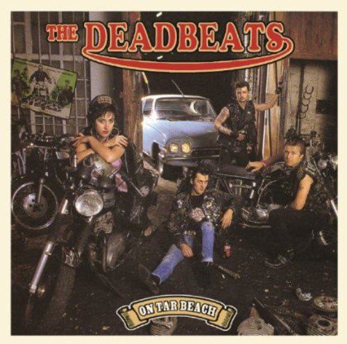 "Album cover featuring four men with motorcycles and a car in a garage."