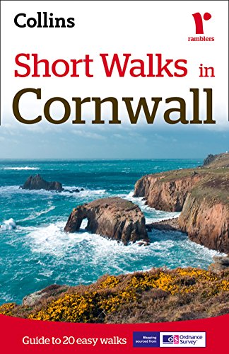"Book cover with rocky coastline and blue sea, titled 'Short Walks in Cornwall'."