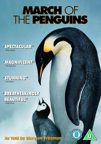 DVD cover featuring two penguins against a blue background with review quotes.