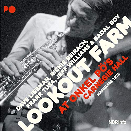 Black and white image of man playing saxophone, album title and artist names overlaid.