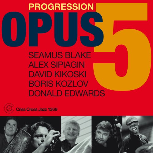 Red album cover with "Opus 5" and musicians' photos in black and white.