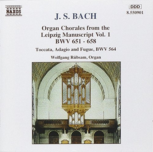 CD titled "Wolfgang - BACH, J.S.: Organ Chorales from the Leipzig Manuscript, Vol. 1" in packaging.
