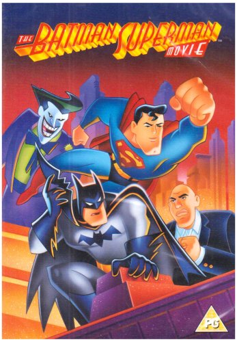 DVD cover featuring animated characters: Batman, Superman, Joker, and Lex Luthor against a city skyline.