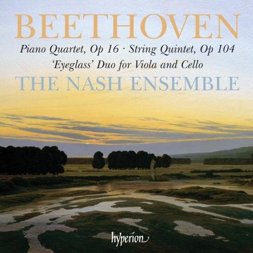 "CD cover with serene landscape, Beethoven and ensemble text, and 'hyperion' logo."