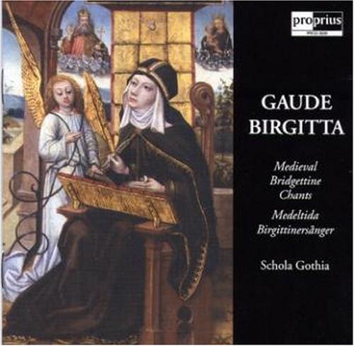 "CD cover with medieval painting of nun and angel, black background, white text."