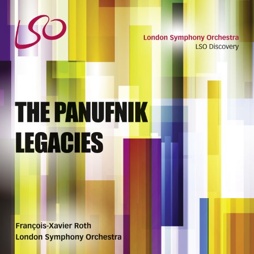 "CD cover with abstract colorful background and 'The Panufnik Legacies' in bold black text."