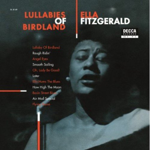 Black-and-white image of Ella Fitzgerald, with red and white text, on a vinyl record cover.