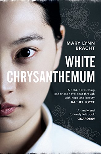 Book cover with a woman's face and white chrysanthemum flowers on a dark background.