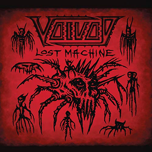 Red album cover with black illustrations of creatures and "Voivod - Lost Machine" text.