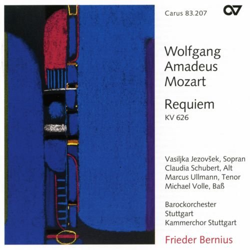 Mozart Requiem CD cover with abstract blue art and black and red text details.