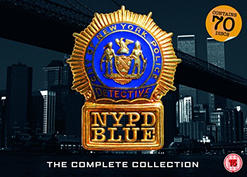 Black DVD box set with gold and blue NYPD Blue police badge logo on the front.