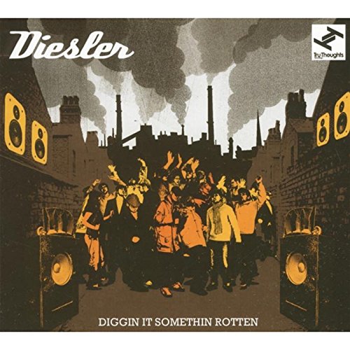 "Album cover with industrial scene, band performing, and large speakers, in muted green and orange tones."