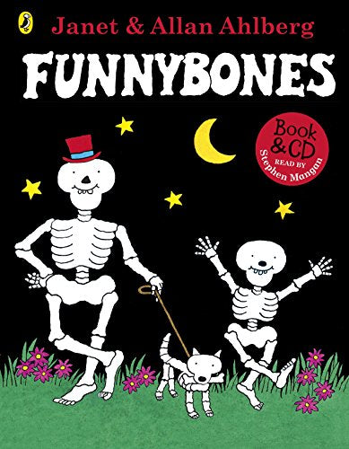 "Children's book cover featuring skeletons and a dog skeleton on a green grassy area."