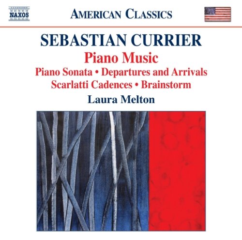 "CD cover with abstract blue and red design, white background, and text listing piano music."
