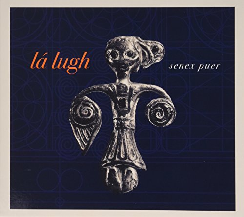 Album cover with a metal figurine on a dark blue background with Celtic patterns.