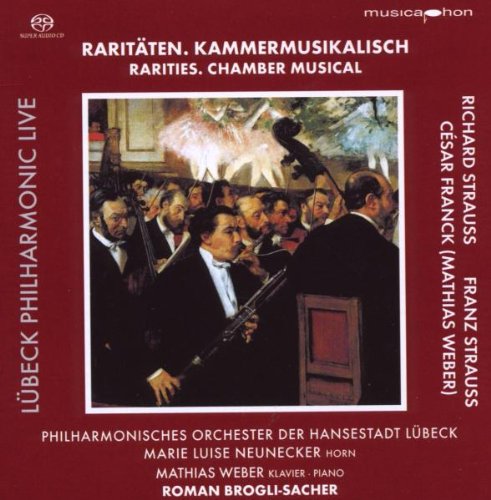 Red CD cover with painting of musicians playing various instruments in a concert hall.